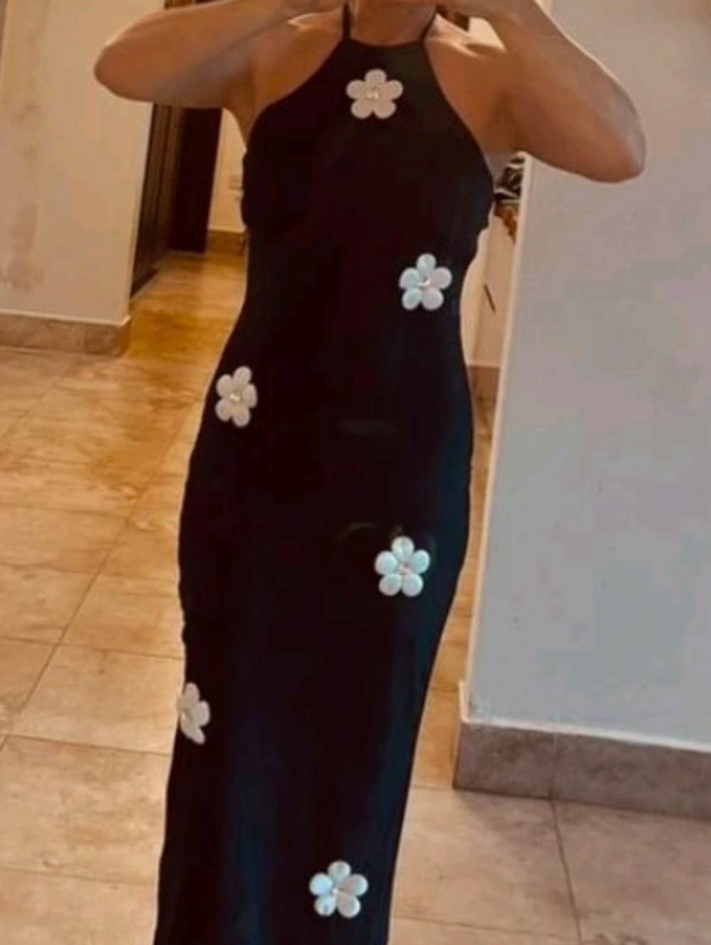 Black Halter Maxi Dress with White Floral Appliqués - Picture 6 of 8